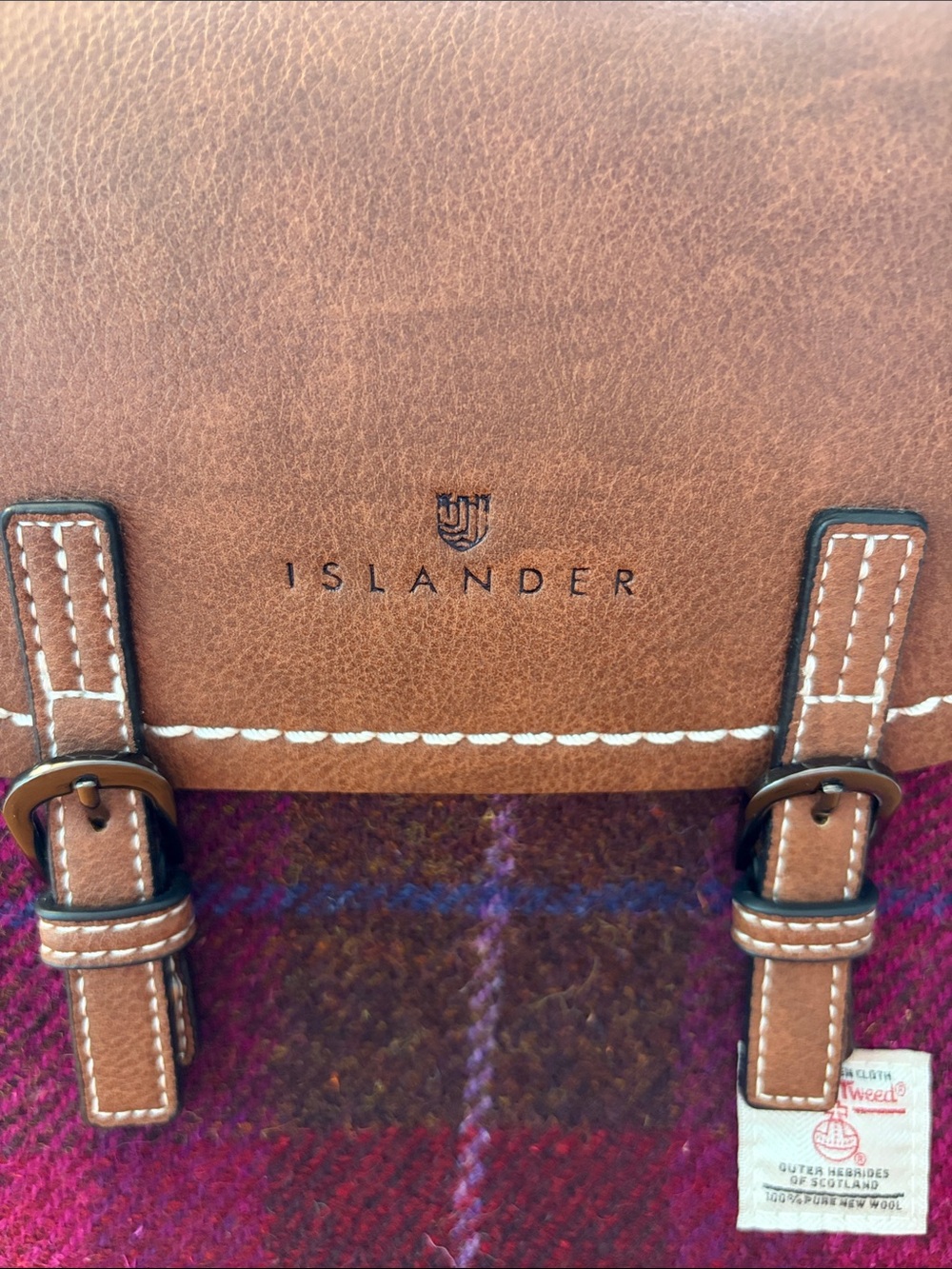 Islander Harrison Tweed Mini Jura Backpack. Brown Leather and Magenta Plaid. - Picture 4 of 10